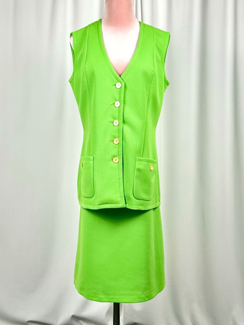Vintage 60s Lime Green Mod Skirt Set Highland Queen Vest & Mini Skirt M/L